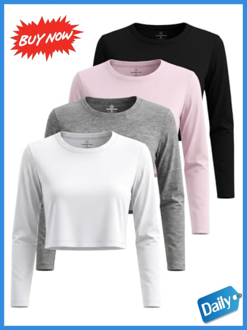 4 Pack Cotton Blend Crop Tops Long Sleeve Crew Neck Tees